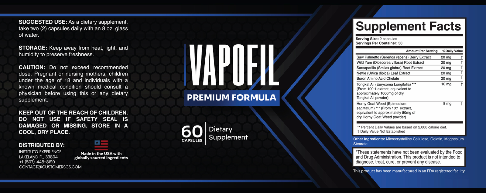 Vapofil supplement facts label